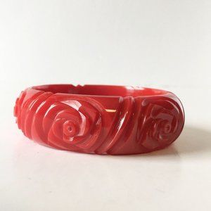 Floral Carved Resin Plastic Red Cherry Bangle Bracelet Contemporary Jewelry